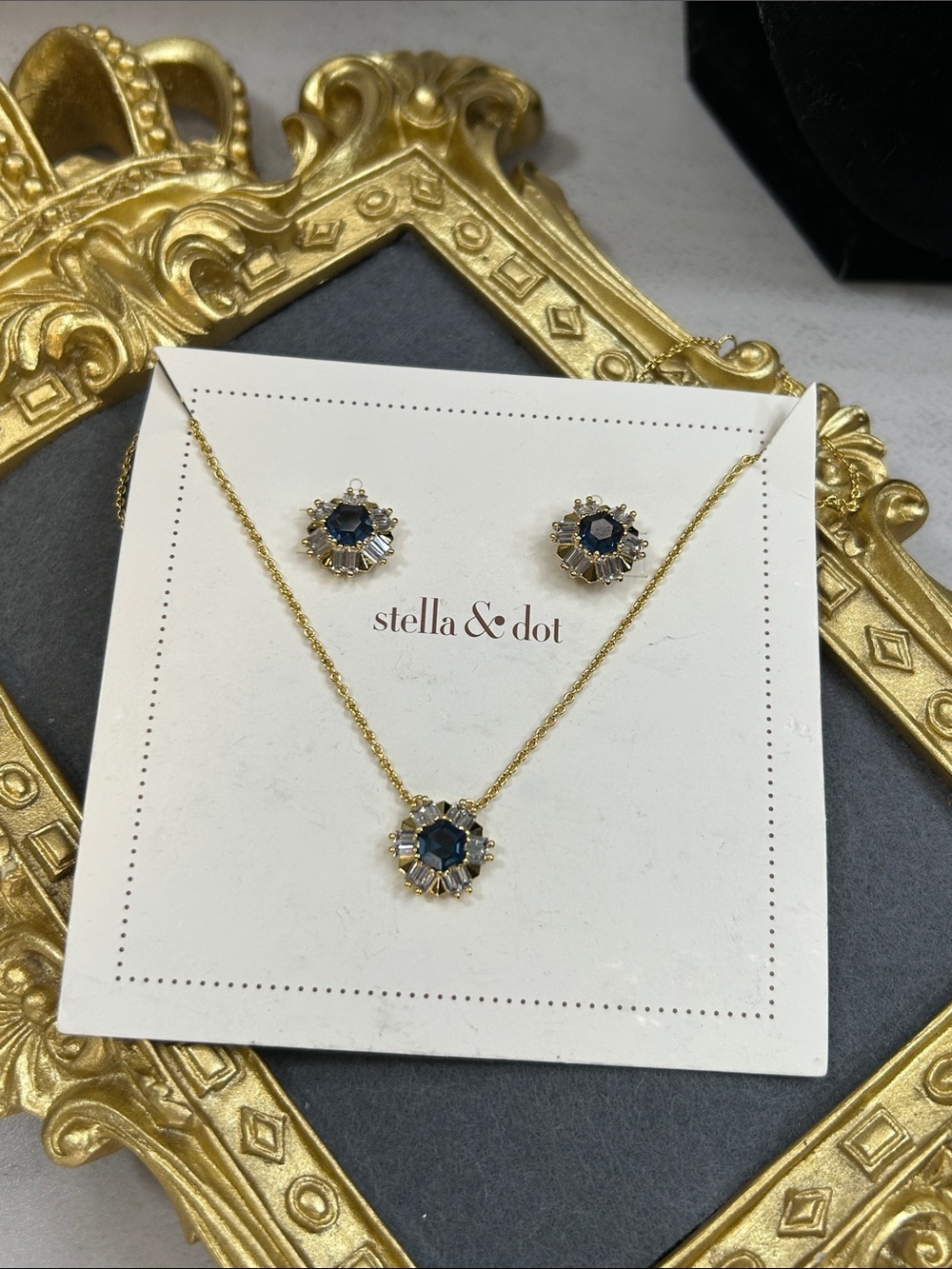 Stella & Dot Gold Tone Necklace and Earrings with Deep Blue Crystals